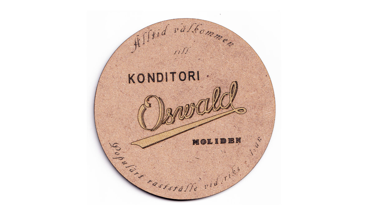 Glasunderlägg med Konditori Oswald-tema.
